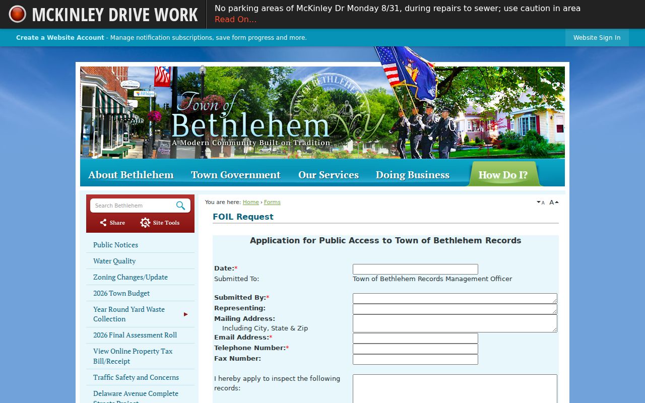 Town of Bethlehem residents directory FOIL request form