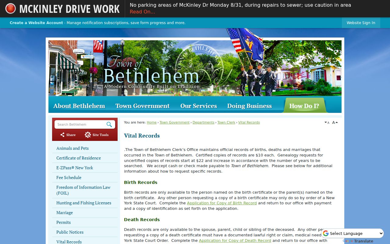 Town of Bethlehem residents directory vital records access page